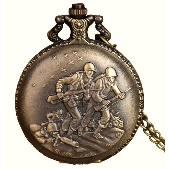 Bronze Quartz Pocket Watch Army Marine Military War Guns Tank • 31.5 Inch Chain - Picture 4 of 8